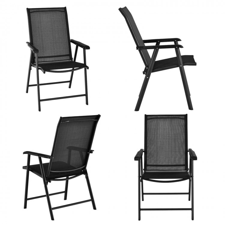 Set of 2 black outdoor patio folding chairs with ergonomic armrests, featuring a sturdy steel frame for durability.